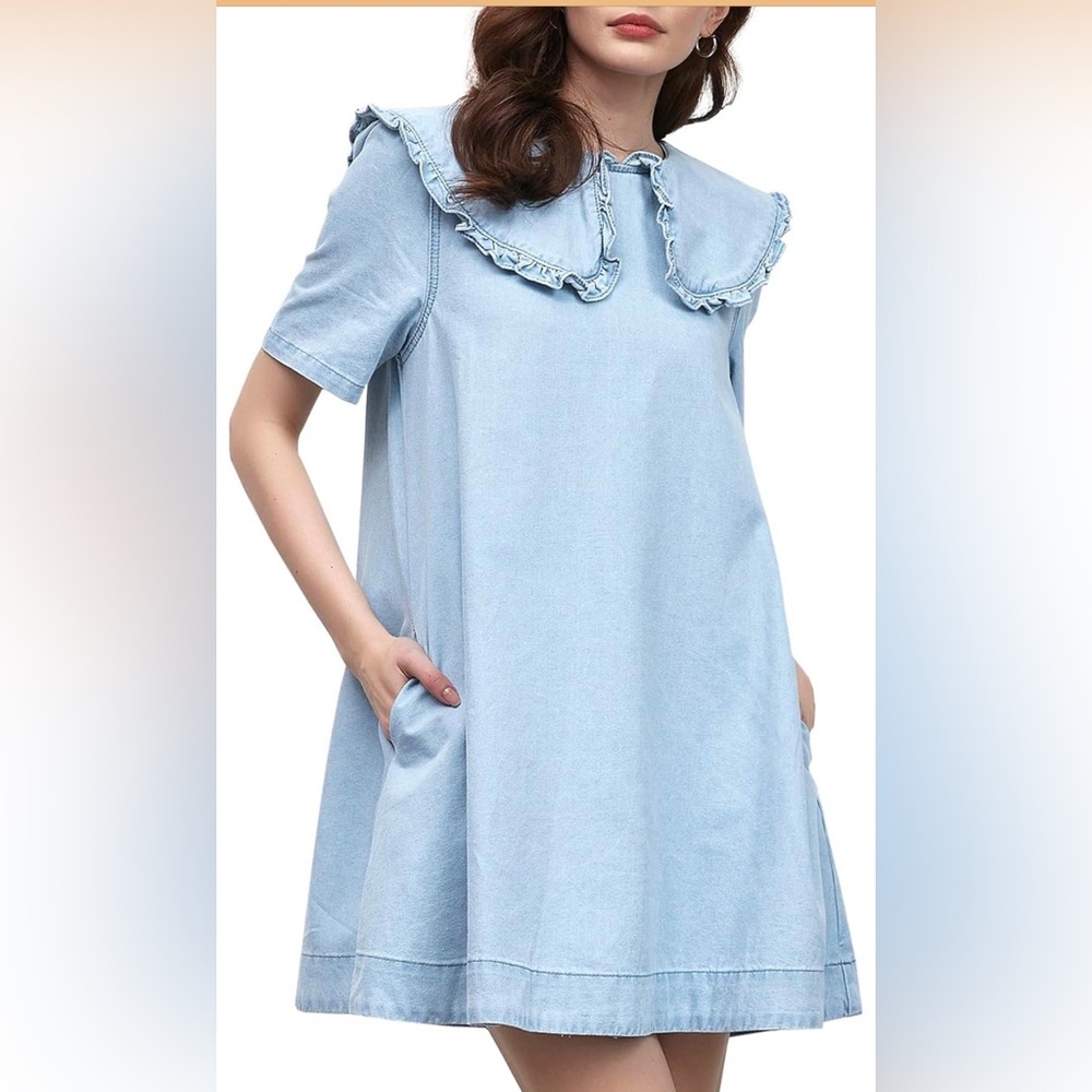 Denim Mini Dress Peter Pan Collar with Pockets